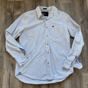 American Eagle AEO Mens Athletic Fit Button Down Shirt Size L Blue Striped